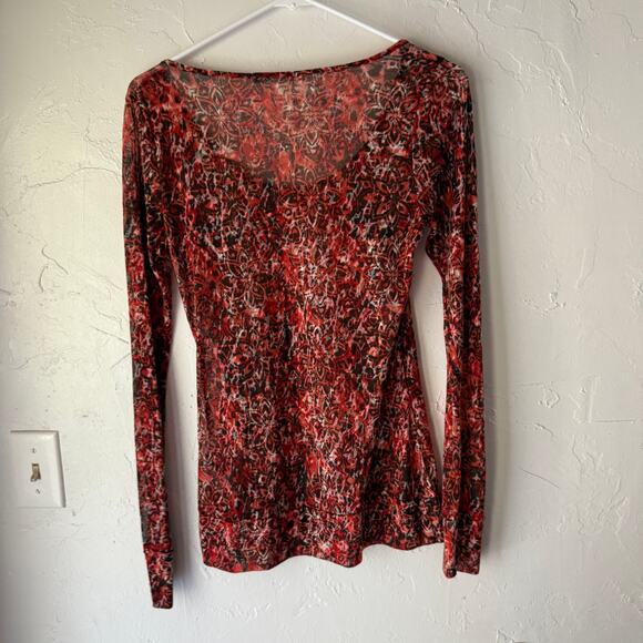 Maurices Red Sheer Abstract Print Long Sleeve Top M Y2K Stretch Fitted Burnout - Picture 5 of 8